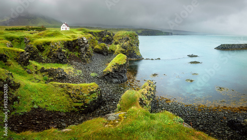 Long panorama of Iceland. Northern nature, landscape with unusual rocks and ocean. Amazing nature. Iceland landscape