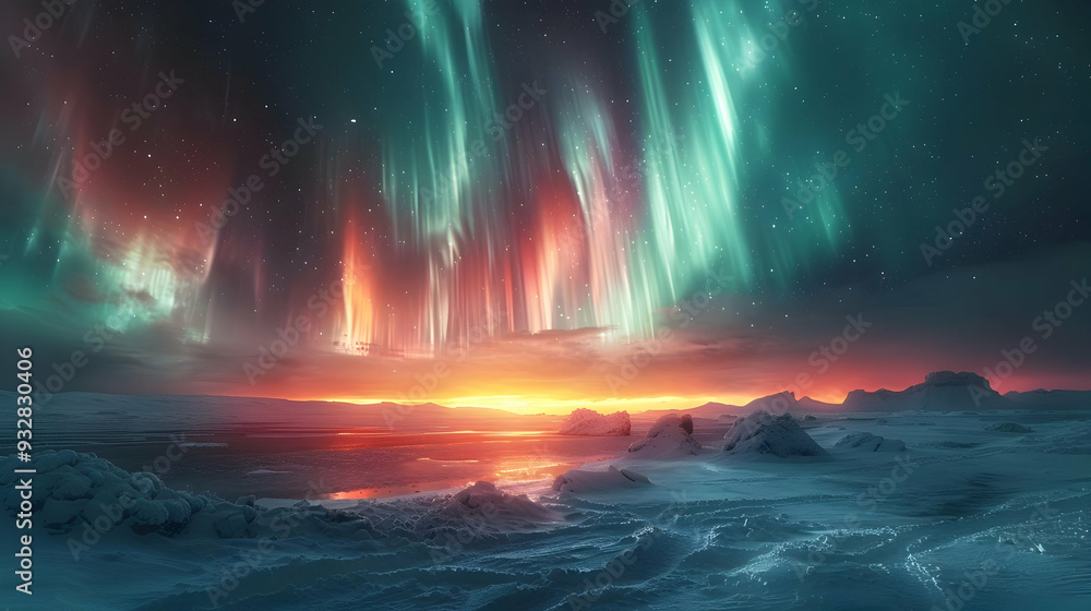 Aurora Borealis Over Snowy Landscape - Night Sky with Green and Red Lights - Realistic Photo Aurora Borealis Over Snowy Landscape - Night Sky with Green and Red Lights - Realistic Photo