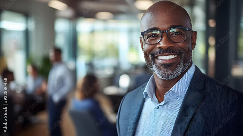 A confident businessman in a blue suit and glasses smiles while standing in an office. A confident businessman in a blue suit and glasses smiles while standing in an office.