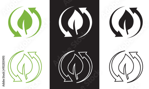 Green, black and white leaf and arrow icons for biodegradable recyclable organic bio package, vector labels. Biodegradable eco safe, recyclable and bio degradable package stamps. Vector illustration. 