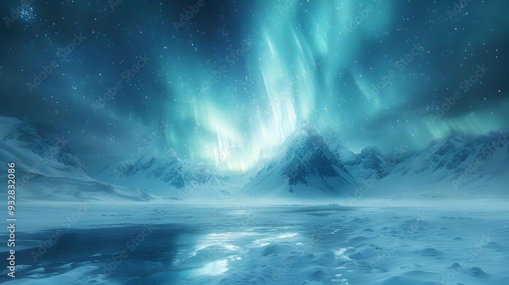 Fototapeta premium Aurora Borealis Over Snowy Mountains - Illustration