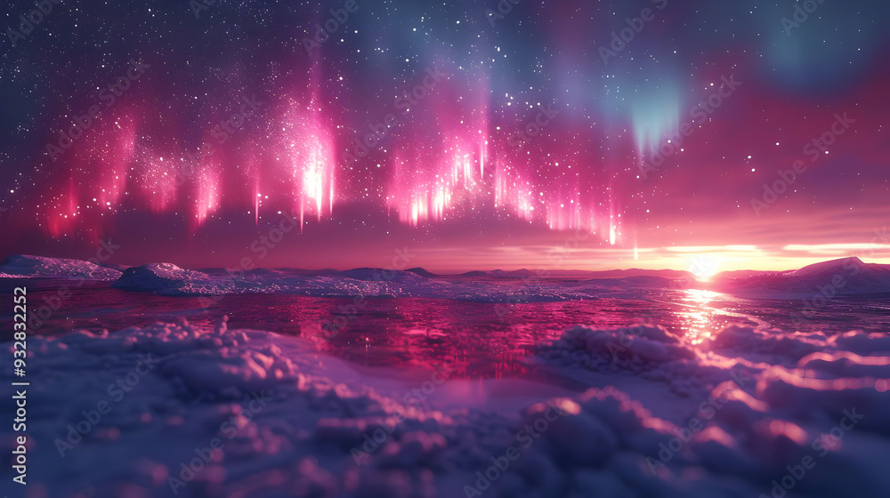 Obraz premium Pink Aurora Borealis Over Frozen Lake - Digital Art Illustration