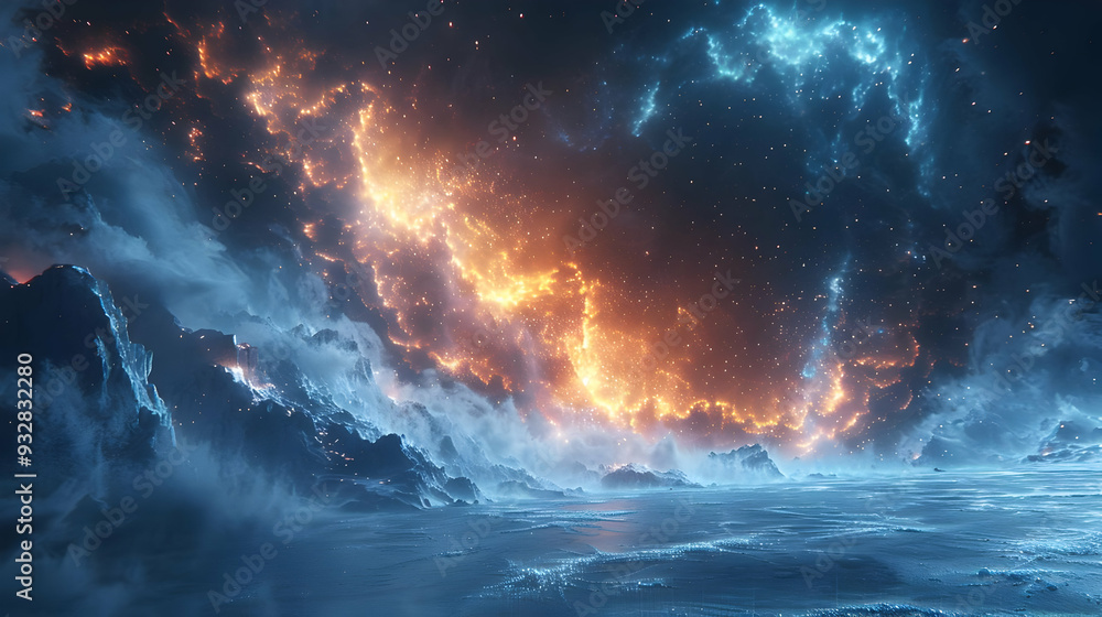 Fototapeta premium Fantasy Mountain Landscape with Fire and Ice Illustration