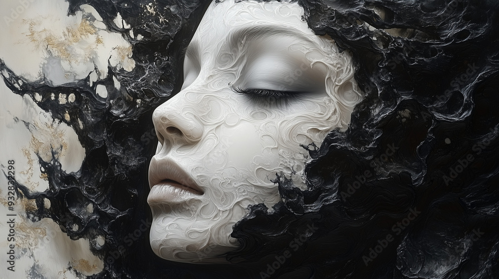 Elegant Face in Abstract Art: A Dreamlike Black and White Oil Painting Elegant Face in Abstract Art: A Dreamlike Black and White Oil Painting