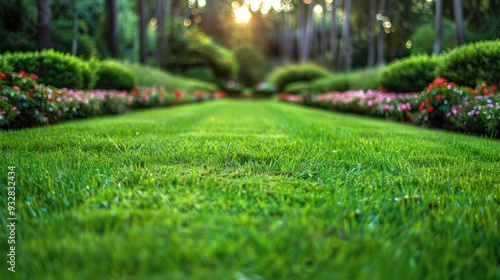 A well-maintained lawn with freshly cut grass and landscaped flower beds.