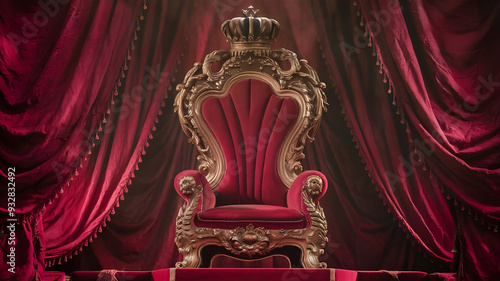 A majestic throne room resembling a cathedral, Antique armchair in the interior, Golden throne room with eagle and red carpet, A Glimpse into Regal Splendor.