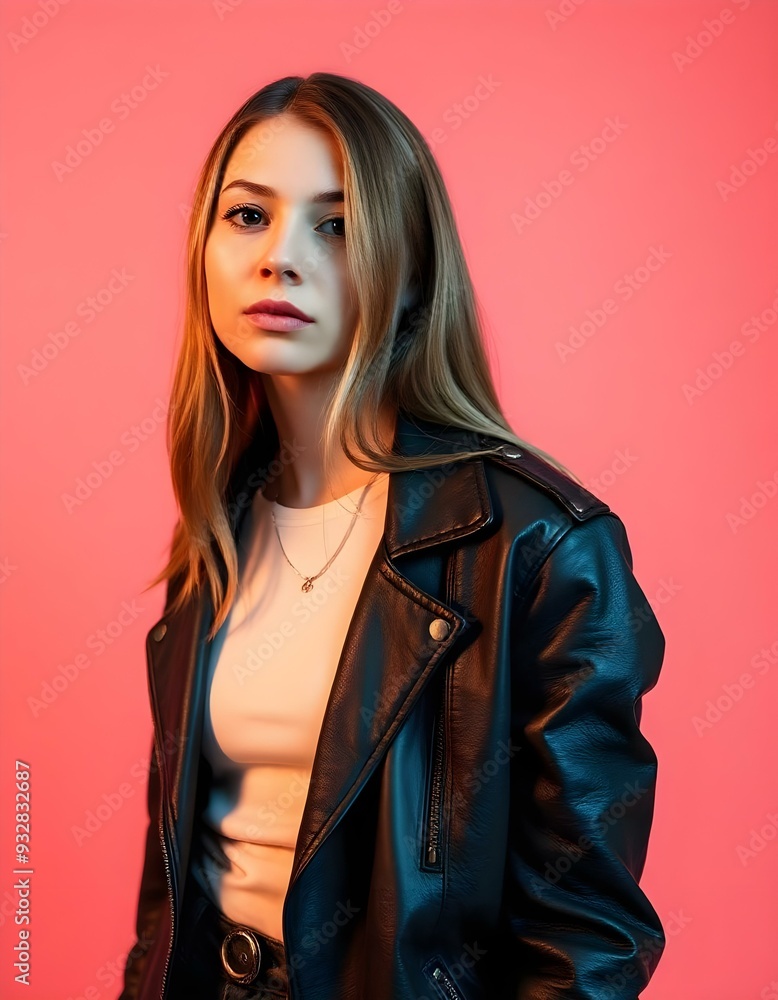 portrait of a woman in black leather jacket and white tshirt in pink background portrait of a woman in black leather jacket and white tshirt in pink background