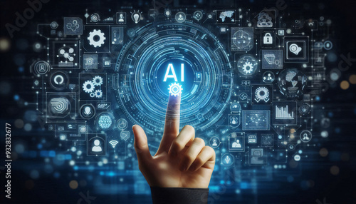 AI concept with businessman hand pressing a button on a technology screen