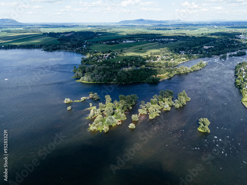 Drone view of Chambly channel, fort, yacht dock. photo