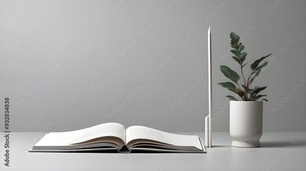 A design of a branding mockup using an upright blank white book on a plain gray backdrop A design of a branding mockup using an upright blank white book on a plain gray backdrop