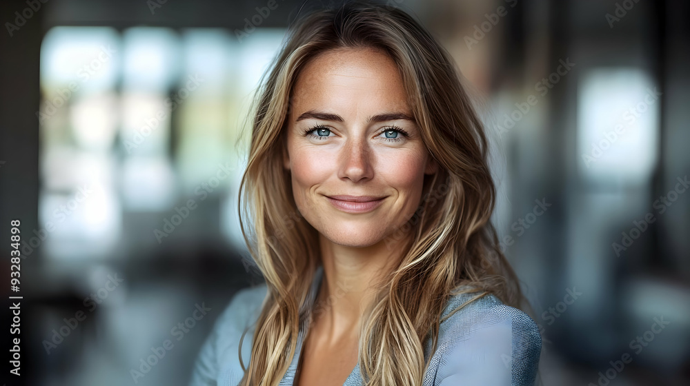 A portrait of a beautiful woman with long blonde hair, smiling, looking directly at the camera. A portrait of a beautiful woman with long blonde hair, smiling, looking directly at the camera.
