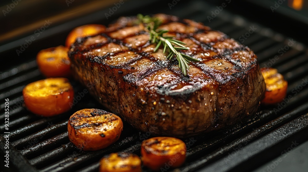 Grilled Steak with Rosemary on Grill Grilled Steak with Rosemary on Grill