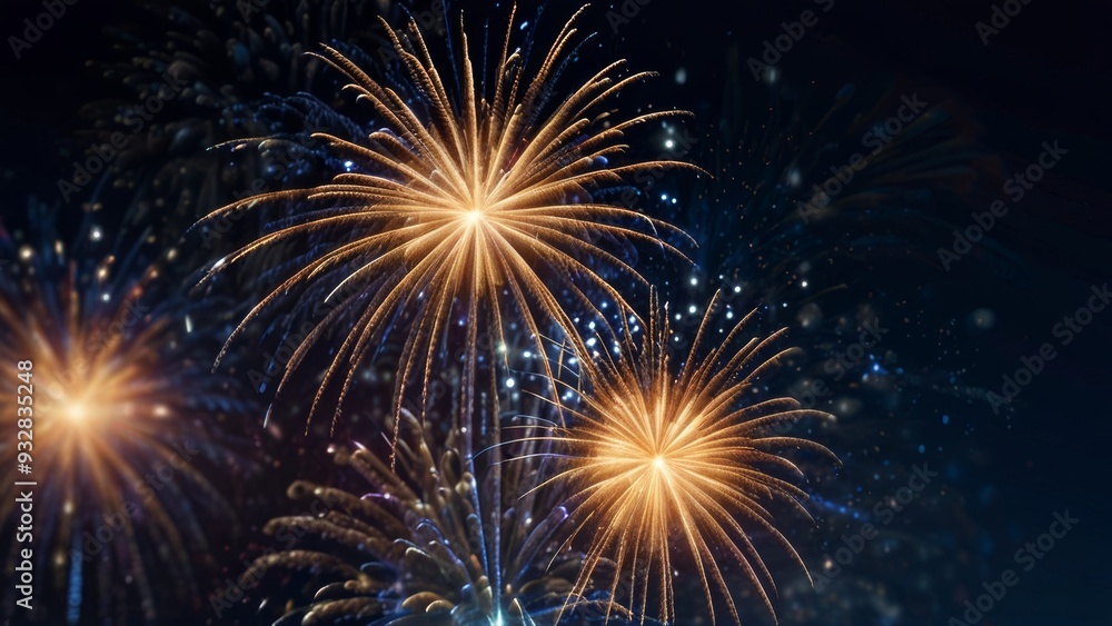 Naklejka premium Big fireworks on a dark blue night background from the starry sky on New Year's Eve