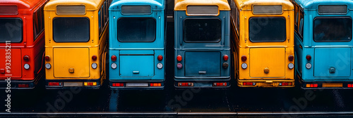 Row of colorful buses lined up at depot photo