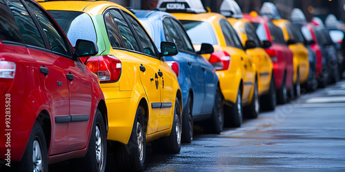 Row of colorful taxi cabs on city street photo