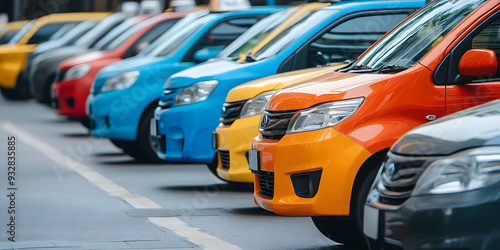 Row of colorful taxi cabs on city street