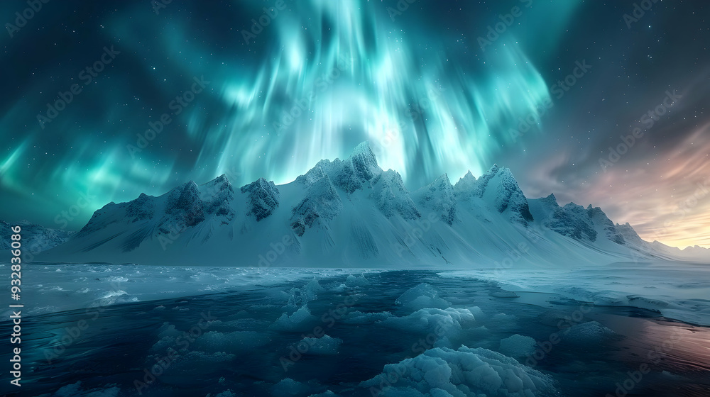 Obraz premium Aurora Borealis Over Snowy Mountains - A Realistic Image
