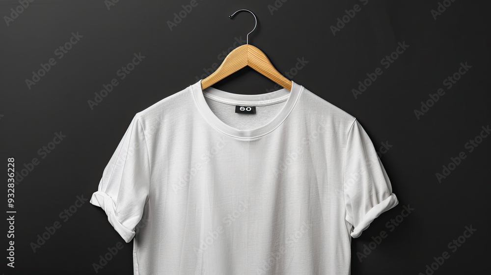 White T-shirt mockup, short sleeves and round neck collar hanging on a hanger against a black background. Created with Ai White T-shirt mockup, short sleeves and round neck collar hanging on a hanger against a black background. Created with Ai