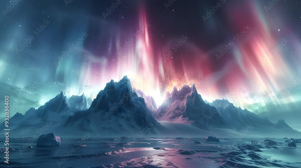 Fototapeta premium Aurora Borealis Over Snowy Mountains - 3D Illustration