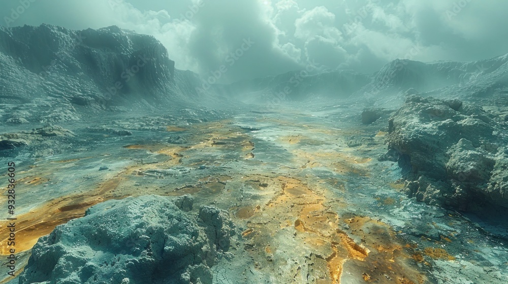 Stunning Geothermal Area with Steaming Vents and Colorful Mineral Deposits in a Rugged Landscape