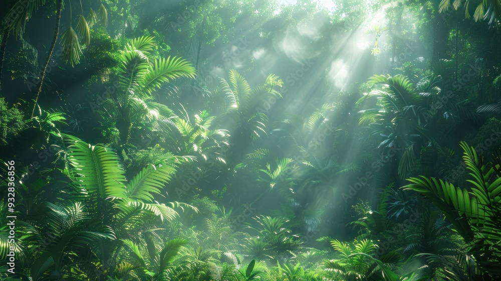 Fototapeta premium Sunlight Filtering Through Lush Rainforest Canopy with Dense Green Foliage and Tropical Plants