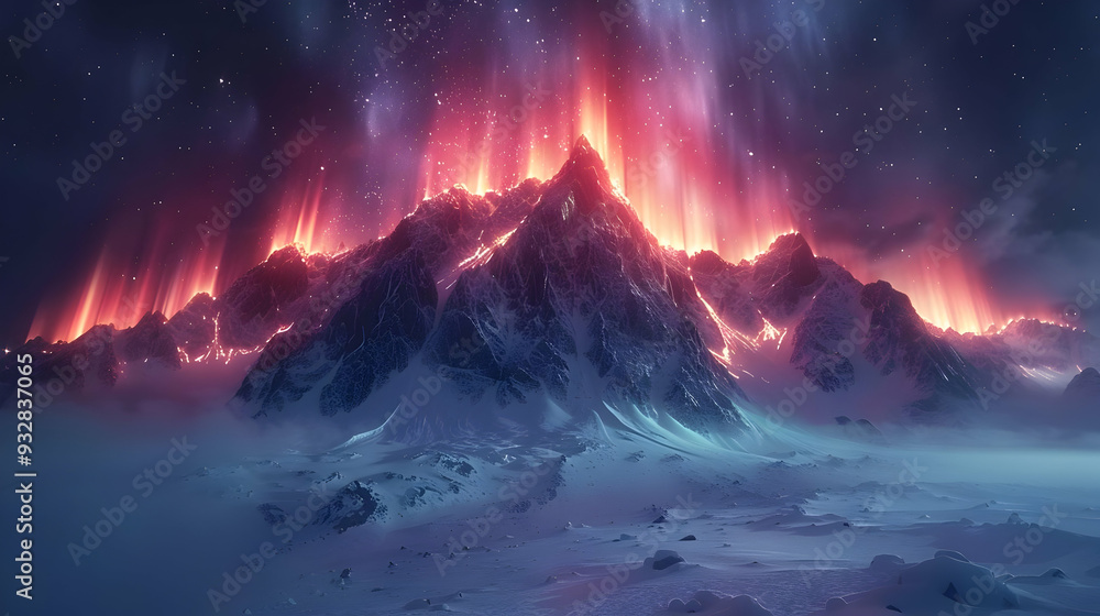 Fototapeta premium Snowy Mountain Range with Aurora Borealis Illustration