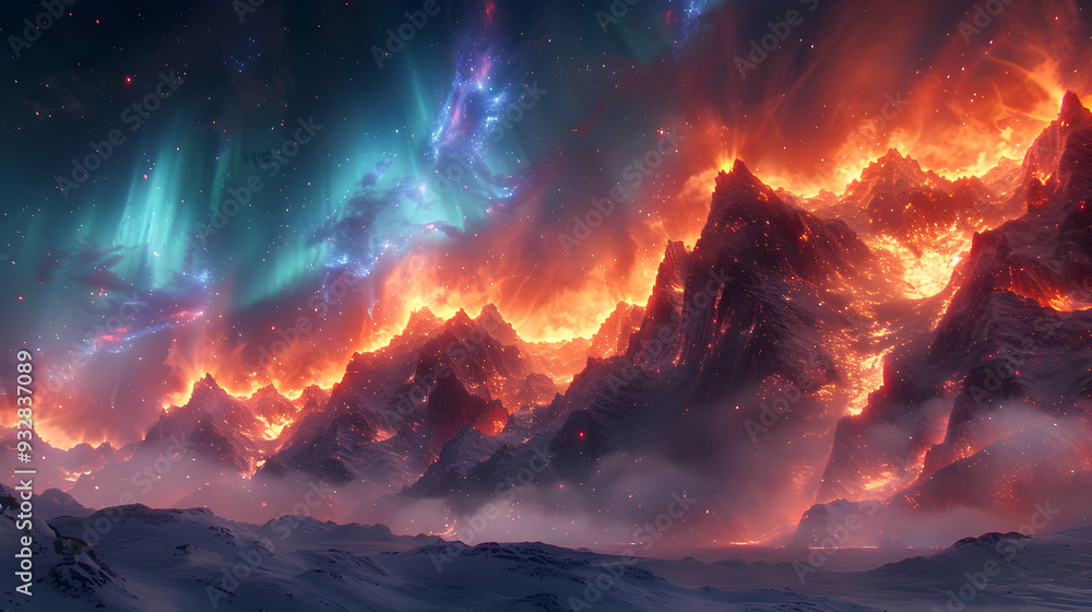 Fiery Mountain Range with Aurora Borealis Illustration Fiery Mountain Range with Aurora Borealis Illustration