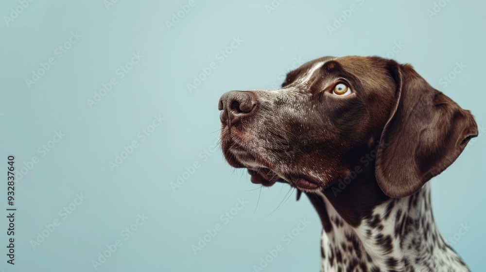 A captivating German Shorthaired Pointer dog poses against a light blue background, showcasing its striking eyes and expression, perfect for highlighting canine beauty in a minimalist setting. A captivating German Shorthaired Pointer dog poses against a light blue background, showcasing its striking eyes and expression, perfect for highlighting canine beauty in a minimalist setting.