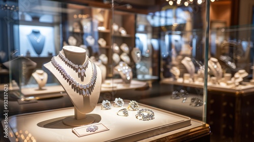 A luxurious jewelry collection displayed in a well-lit, elegant showcase.