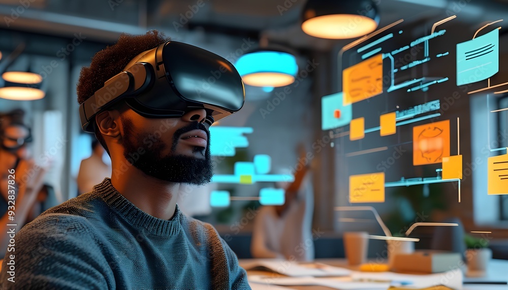 A Black man with a beard wearing a VR headset in a modern office setting, holographic screens with code and diagrams, futuristic technology, immersive experience A Black man with a beard wearing a VR headset in a modern office setting, holographic screens with code and diagrams, futuristic technology, immersive experience