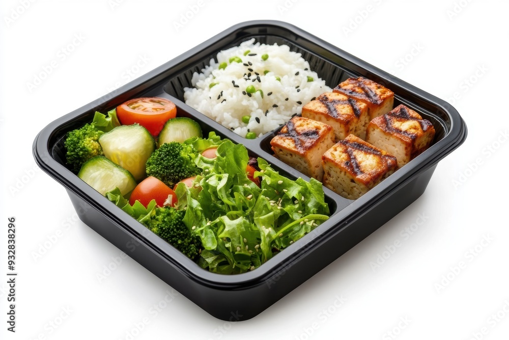 bento box featuring grilled tofu, rice, and salad. bento box featuring grilled tofu, rice, and salad.