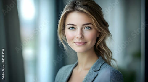 A young woman with long blonde hair and blue eyes smiles confidently in front of a window. Free Download A young woman with long blonde hair and blue eyes smiles confidently in front of a window. - GFXLoad
