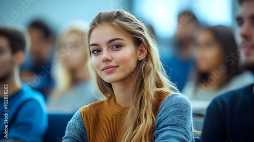 A young woman with long blonde hair smiles at the camera while sitting in a lecture hall.