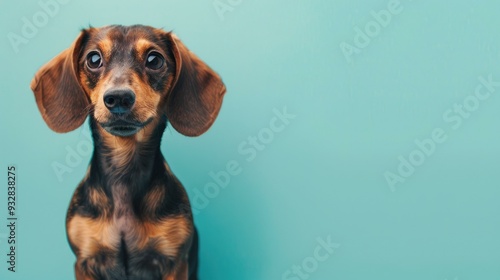 A charming Dachshund dog poses against a serene light blue background, showcasing its focused eyes and inviting an emotional connection, perfect for pet lovers and animal enthusiasts alike.