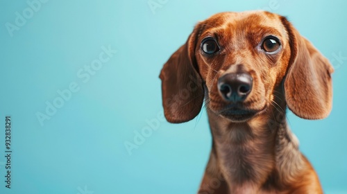 A beautiful Dachshund dog sitting against an empty light blue background, with captivating eyes focused and plenty of copy space for text or graphics.