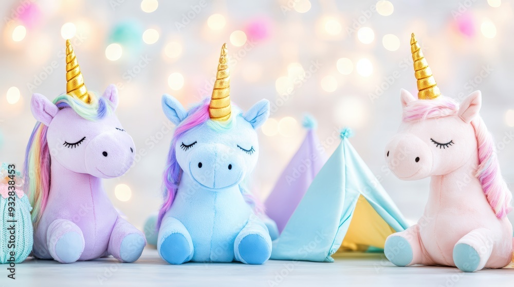Whimsical pastel unicorn-themed party setup with balloons, stars, and a tent against a bright blue background, perfect for kids. Whimsical pastel unicorn-themed party setup with balloons, stars, and a tent against a bright blue background, perfect for kids.