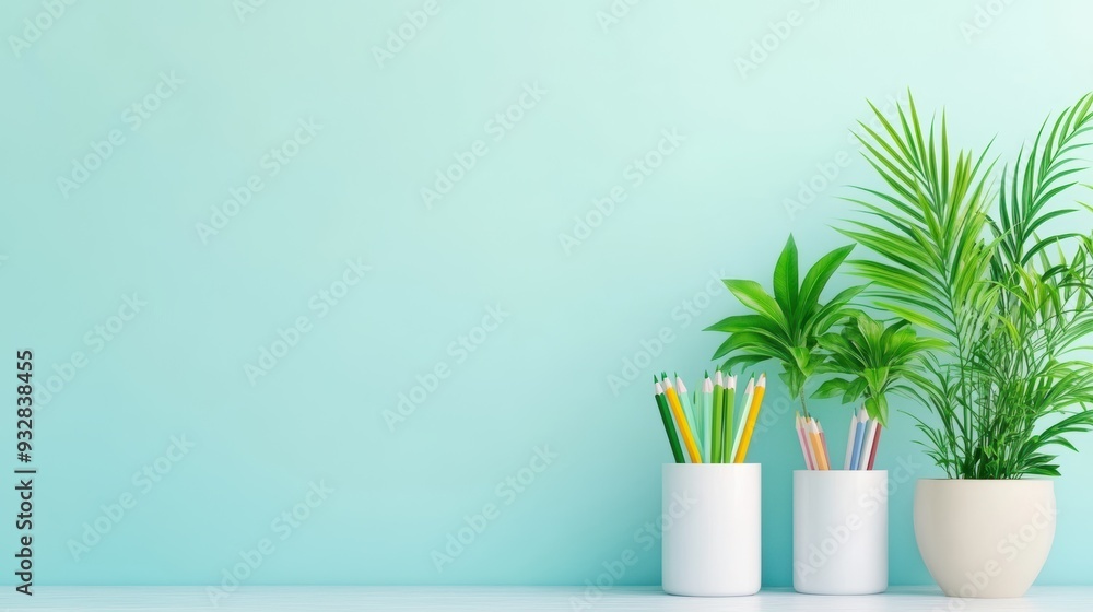 Minimalist workspace with plants and stationary on a white desk against a light background, exuding a calm and organized vibe. Minimalist workspace with plants and stationary on a white desk against a light background, exuding a calm and organized vibe.