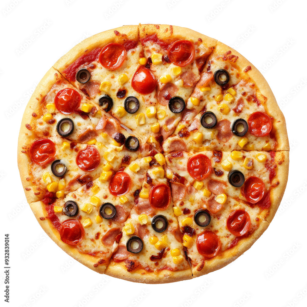 Vegan pizza with tomatoes and olives isolated on transparent background, top view Vegan pizza with tomatoes and olives isolated on transparent background, top view
