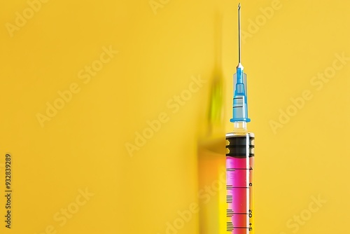 A vibrant syringe with liquid against a yellow background, representing innovation in medical treatments. photo