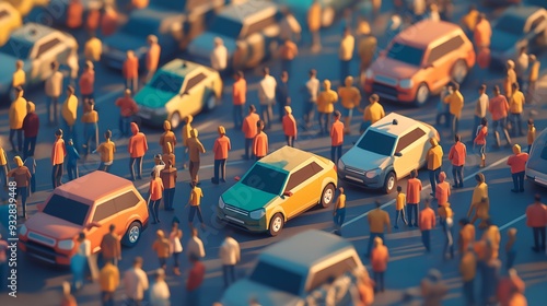Busy Urban Crowd in Congested City Streets, Traffic and People Overcrowding during Holiday Season, Cute and Smooth Clay Style 3D Render for Poster and Banner Design