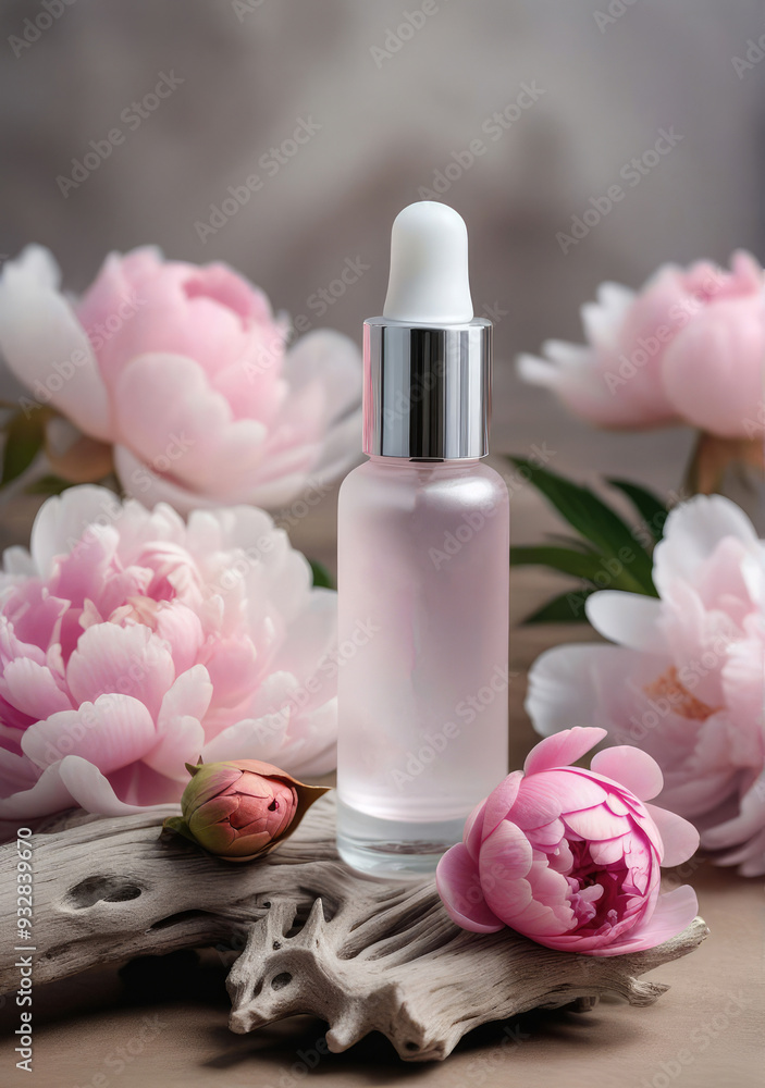 Mock up the collagen hydrating serum or any beauty product in glass bottle from natural ingredients standing on driftwood surrounded peony roses Mock up the collagen hydrating serum or any beauty product in glass bottle from natural ingredients standing on driftwood surrounded peony roses