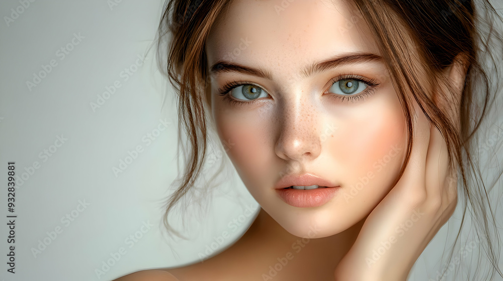 Close up portrait of a young woman with freckles and blue eyes. Close up portrait of a young woman with freckles and blue eyes.