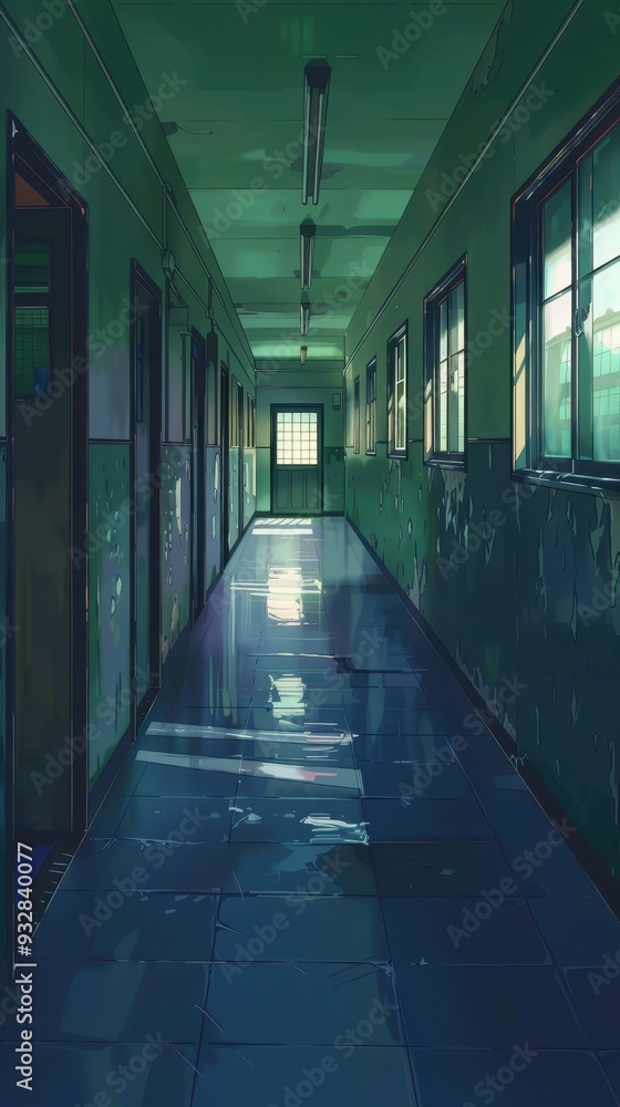 The hallway of an anime school features wet tiles reflecting light as sunlight streams through the windows, creating a tranquil atmosphere The hallway of an anime school features wet tiles reflecting light as sunlight streams through the windows, creating a tranquil atmosphere