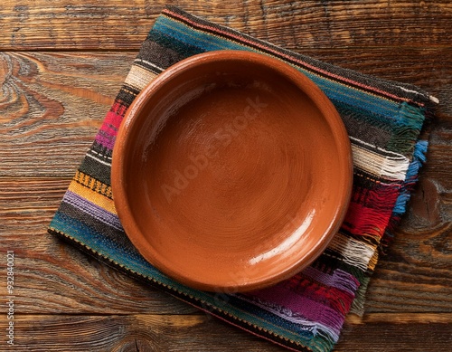 Plato tradicional mexicano vacío marrón de barro con un trapo de colores típico de México sobre una mesa de madera oscura clásica, vista superior photo