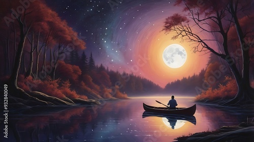 a surreal night scene in a dense forest where a large, glowing full moon shines a focused beam of light down onto a winding river