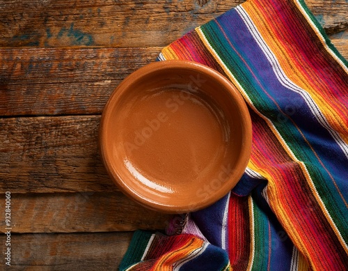 Plato tradicional mexicano vacío marrón de barro con un trapo de colores típico de México sobre una mesa de madera oscura clásica, vista superior