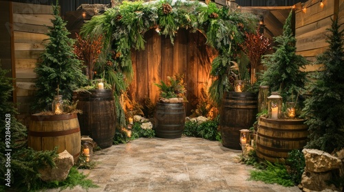 Rustic Wedding Ceremony Decor with Wooden Barrels and Greenery