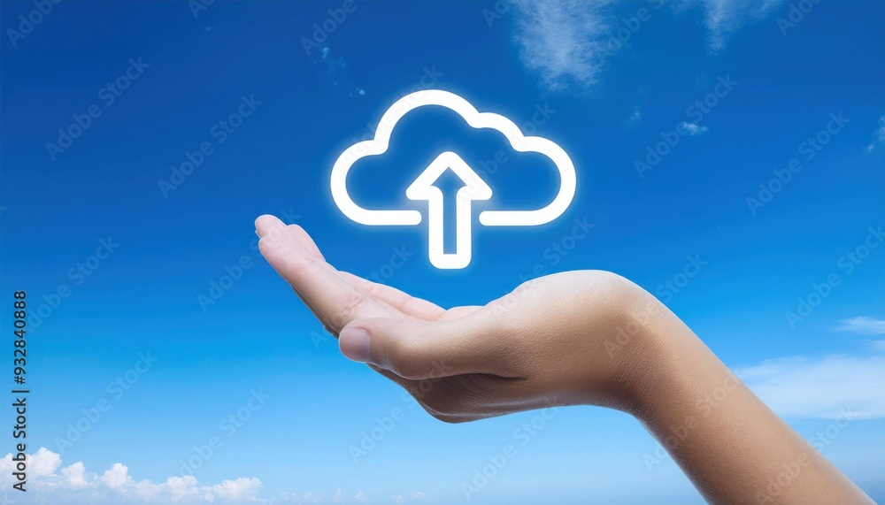 Cloud Icon with Arrow Held in Hand Digital Line Art on Blue Sky Background Cloud Icon with Arrow Held in Hand Digital Line Art on Blue Sky Background
