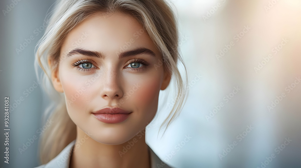 Closeup portrait of a beautiful young woman with blue eyes and blonde hair looking at the camera. Closeup portrait of a beautiful young woman with blue eyes and blonde hair looking at the camera.