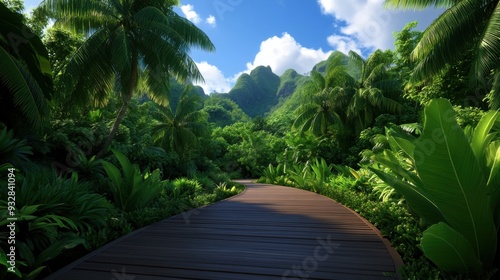 A serene path through a vibrant tropical jungle, surrounded by lush greenery and towering palm trees